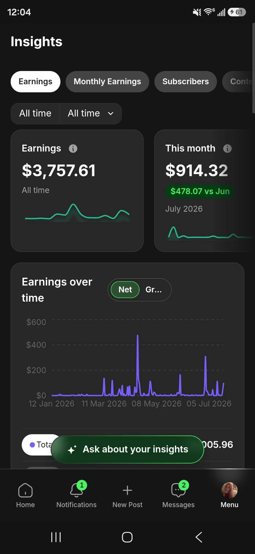 Insights-vy med earnings över tid i mobilappen